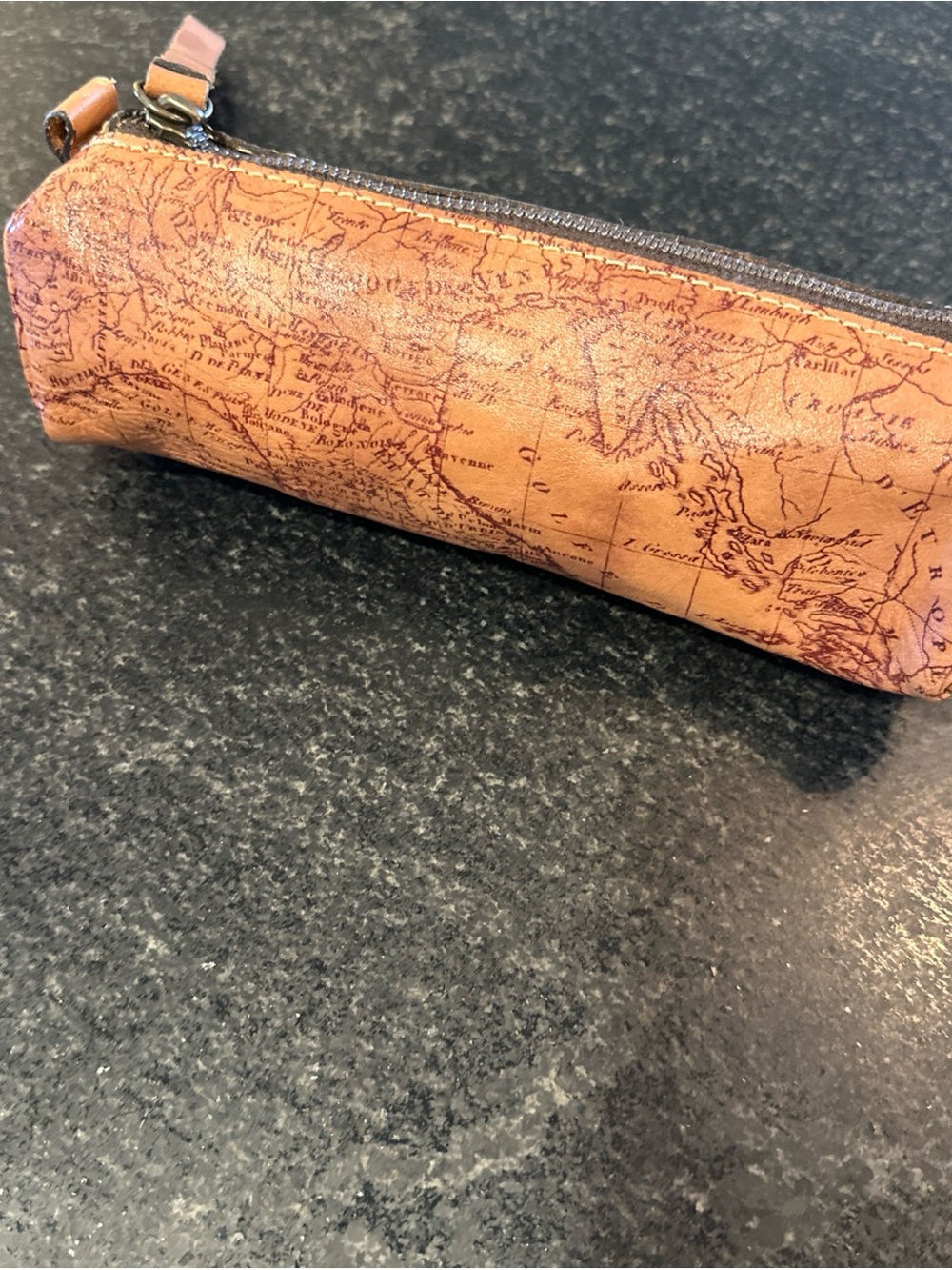 Patricia Nash Brown Leather Map Print cosmetic Pencil Case Pouch  Zip Pull